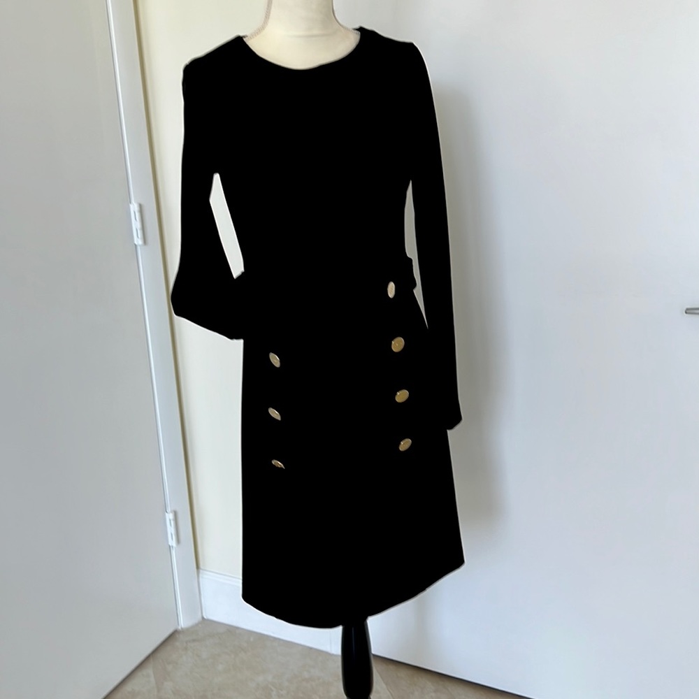 DKNY basic black dress with buttons. Long sleeve. Short length. Flattering.